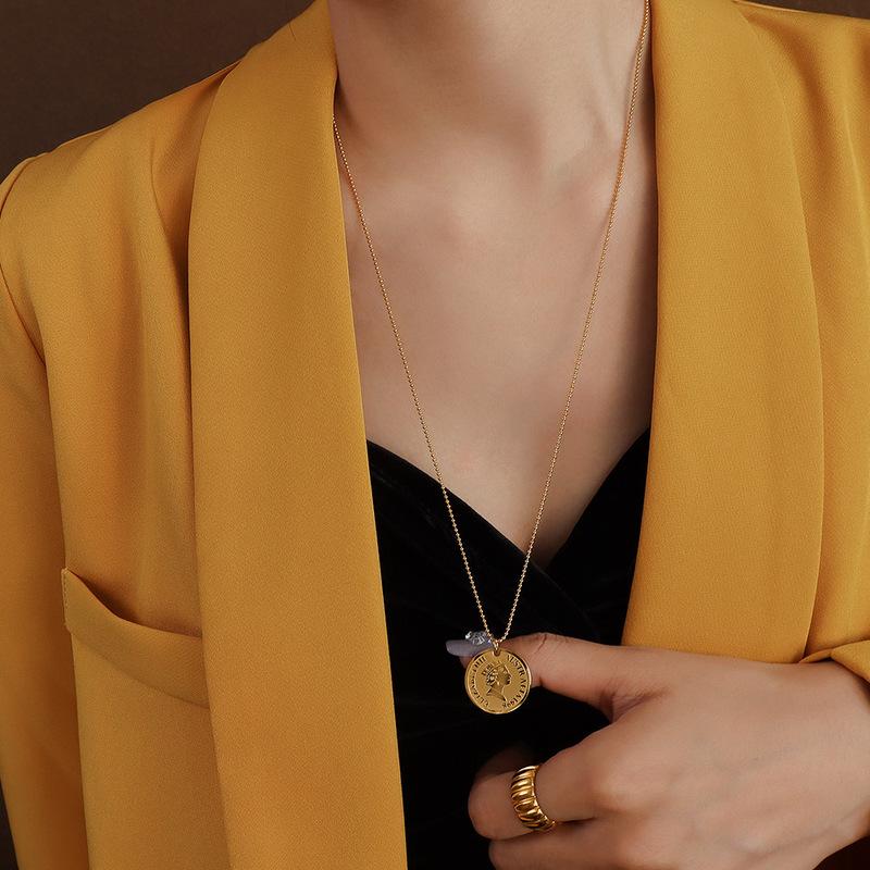 2026 Waterproof Fashion Stainless Steel Pvd Plated 18k Real Gold Coin Round Brand Pendant Necklace Jewelry