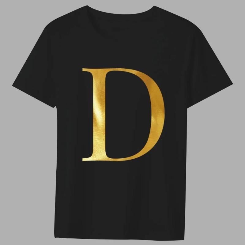 Fashion T-shirt Black Men's 26 English Letters Gold Printing Pattern Series Casual Round Neck Commuter Comfortable Top T-Shirts Men’s