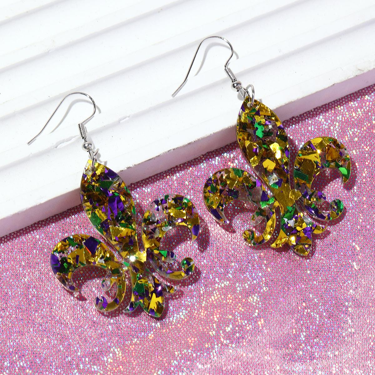 Mardi Gras Glitter Crown Flower Lobster Acrylic Earrings