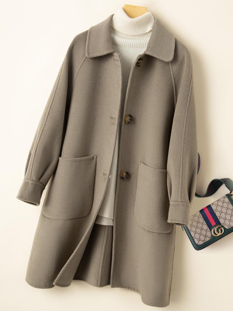 Dámský kašmírový kabát střední délky oboustranný na podzim/zimu - Petite, Čistě ručně šitý, Celovlněný, Zesílený design