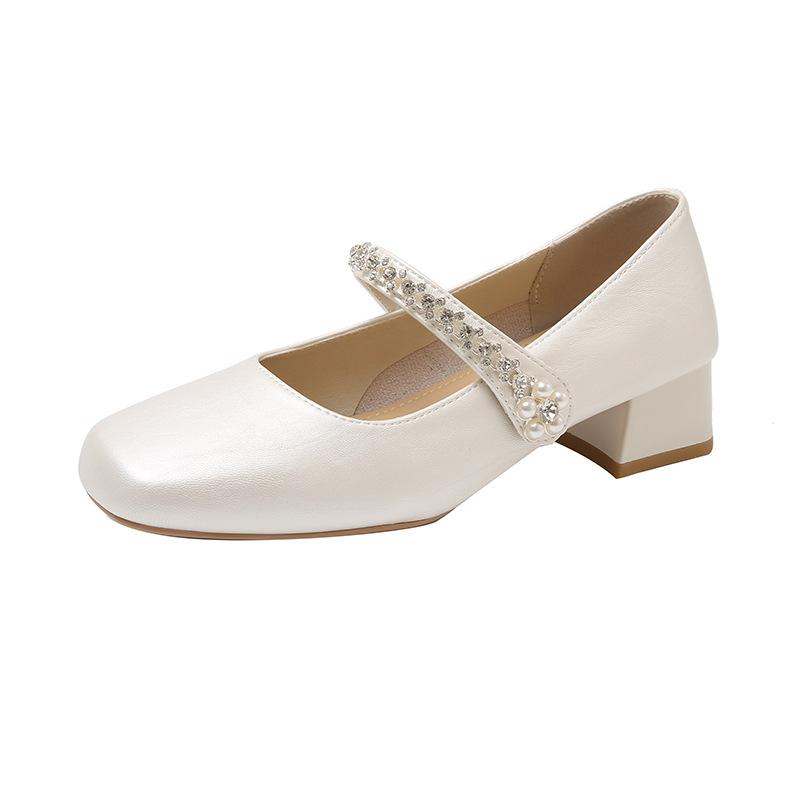Summer single shoes 2025 new square head shallow mouth rhinestone one-word diamond belt silver low heel flat shoes Mary Jane shoes