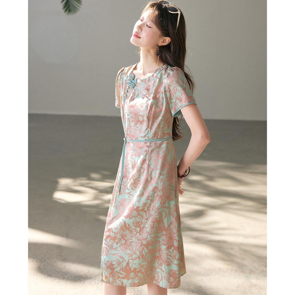 Chinese Style Elegant Women's Dress with a Cinched Waist for Slimming and Comfort, Slim Fit Women's Dress, A-line Medium Length Women's Dress