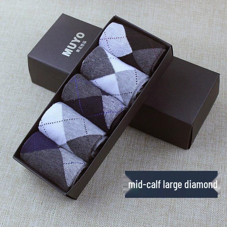 Zhuji Men's Mid-Calf Socks: 5-Pair Gift Box - Warm, Sweat-Absorbent, Thickened Combed Cotton for Autumn/Winter.