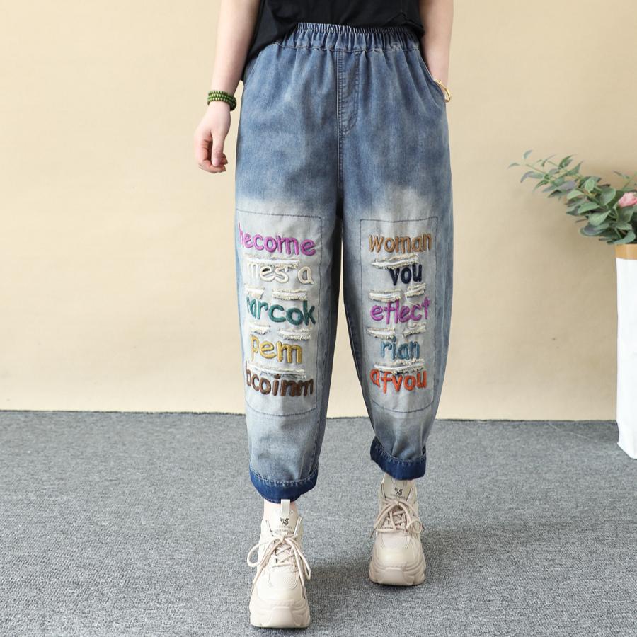 DIMANAF 2025 Nadměrná velikost Letní harémové dámské vyšívané džíny Ležérní s vysokým pasem Elastické Základní Jednobarevné Volné kalhoty
