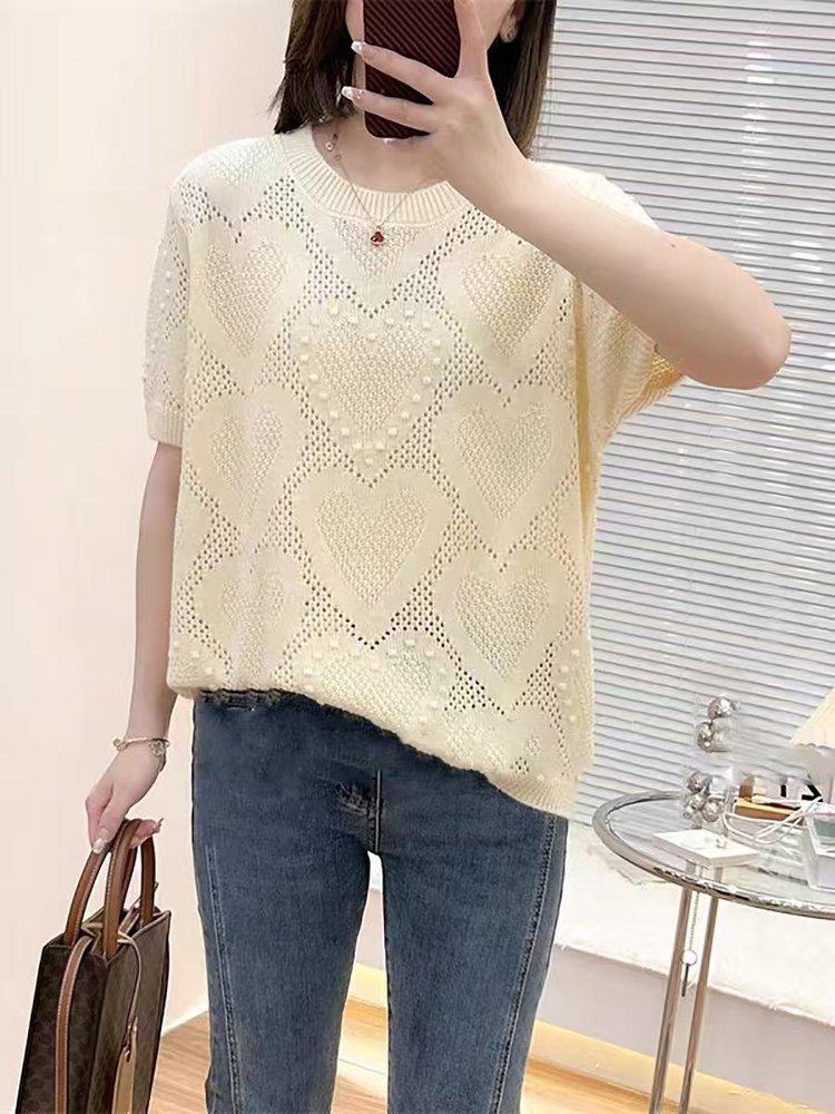 Elegant Women s Summer Hollow Knit T-Shirt - Slimming Short Sleeve Top One Size бежевый