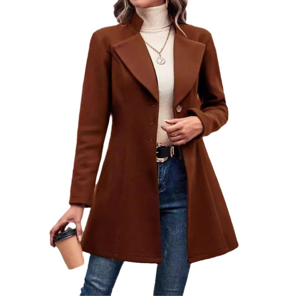 Ropa de mujer de estilo europeo: Abrigo entallado elegante y con estilo con cuello, adecuado para otoño e invierno, disponible en colores lisos.