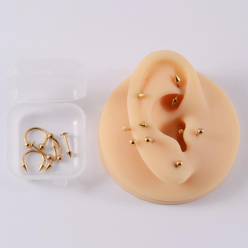 Set 12 Bucăți Oțel Chirurgical Culoare Argintie Placat cu Aur Negru Curcubeu Set Bijuterii de Piercing de Bază pentru Ureche Nas Sprânceană Labret 8Mm