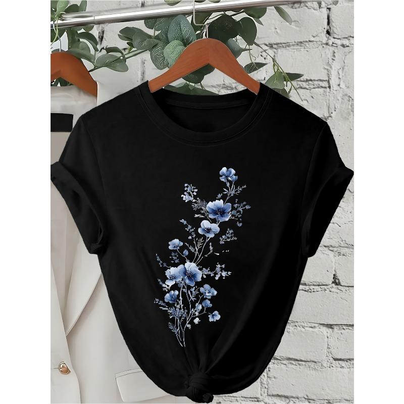 

European Size 2026 New Summer Women s Elegant Blue Floral Print Short Sleeve Fashion Personality Casual Comfortable Figure-Flattering Ice Fabric 4XL