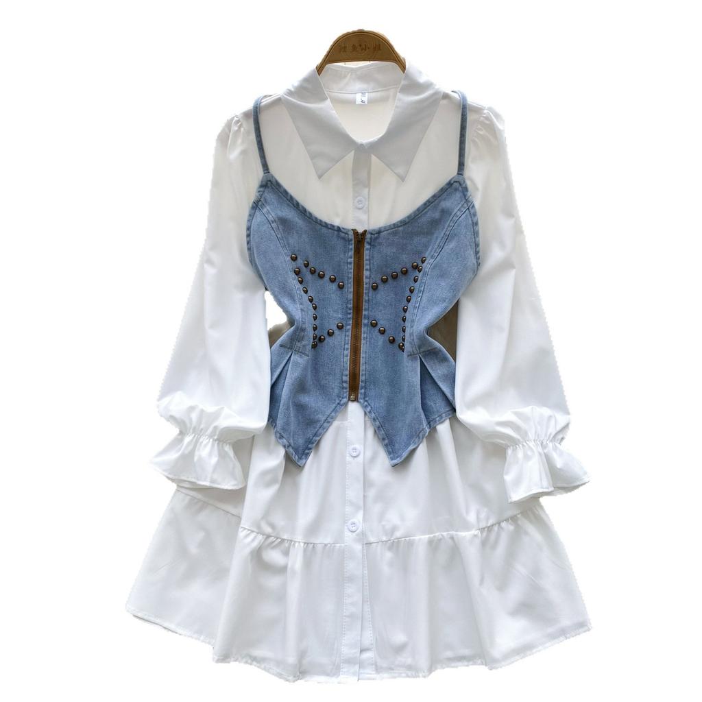 Autumn new feminine gentle niche French waist single-breasted long-sleeved shirt dress + suspender denim vest