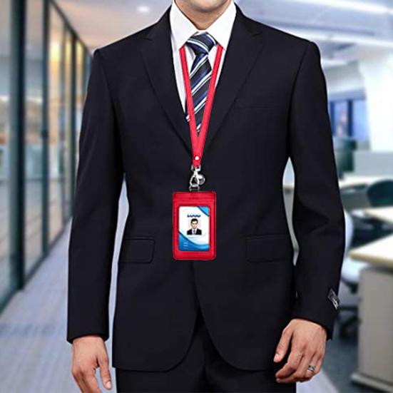 2-In-1 ID Badge Holder with Lanyard Clear Window 5 Card Slots Faux Leather Solid Color Multi-functional Employee ID Card Case Zipper Coins Wallet