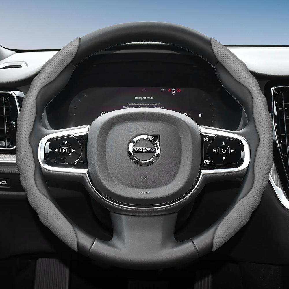 Steering Wheel Cover for Volvo, Wave-Shaped Sporty Design, Breathable Leather, Segmented, Non-Slip, Sweat-Absorb