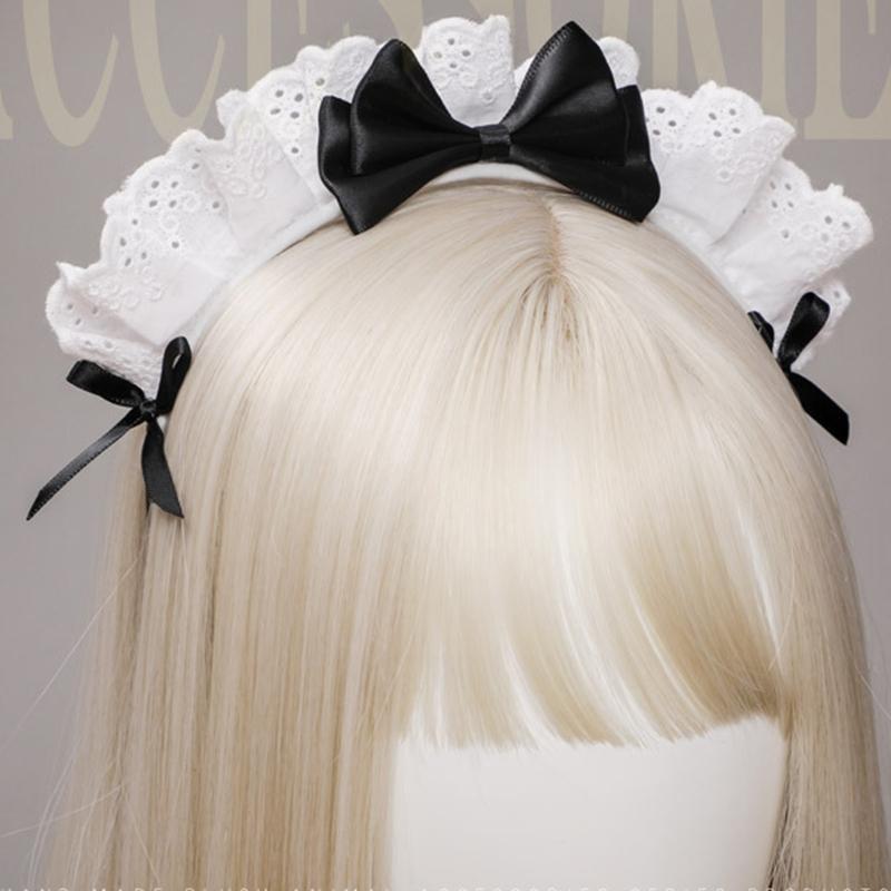 Lovely Sweet Hairband Anime Maid Cosplay Headband Lolita Ruffled Lace Headwear Handmade Satin Bowknot Hair Accessory