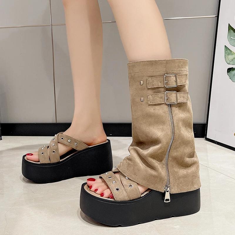 Fashion 9CM Women Platform Motorcycle Boots Wedges Heels Mid Calf Boots Woman Summer ZIP Detachable Chunky Sneakers Gothic Botas Mujer