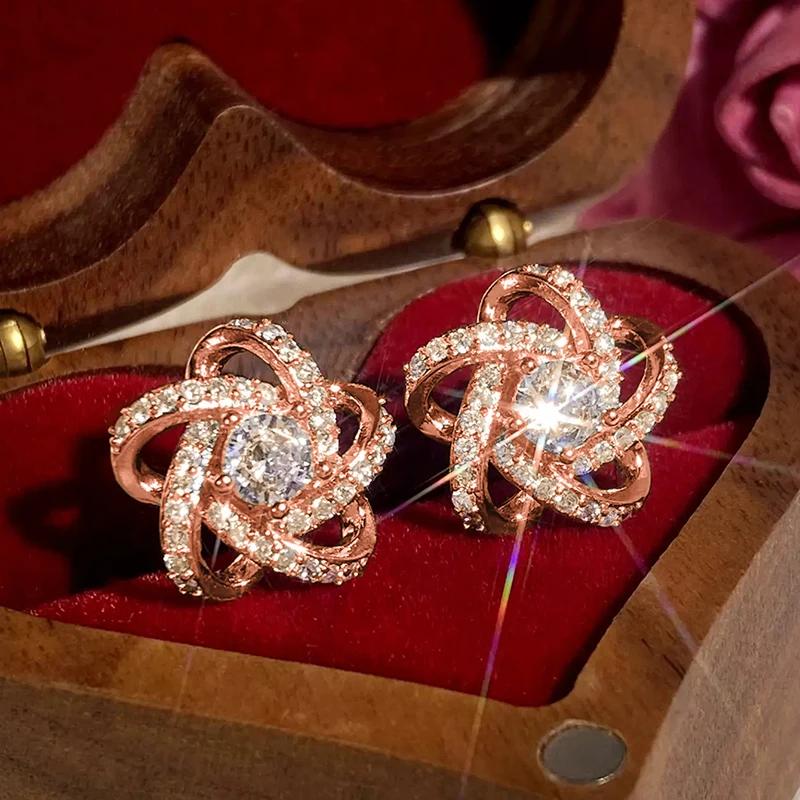 Huitan Ослепительные Серьги-гвоздики Цветок с Кубическим Цирконием Женские Искрящиеся Великолепные Ушные Аксессуары Современные Изящные Свадебные