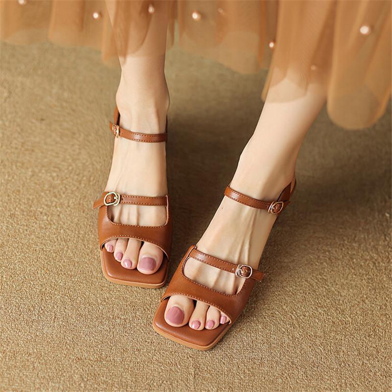 Fashion 2025 New Summer Sandals Women Square Toe Shoes Chunky Heel Open Toe Retro Sandals for Women Handmade Split Leather Women Sandals