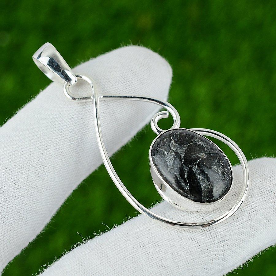 Natural Black Fossil Coral Gemstone 925 Sterling Silver Pendant For Women