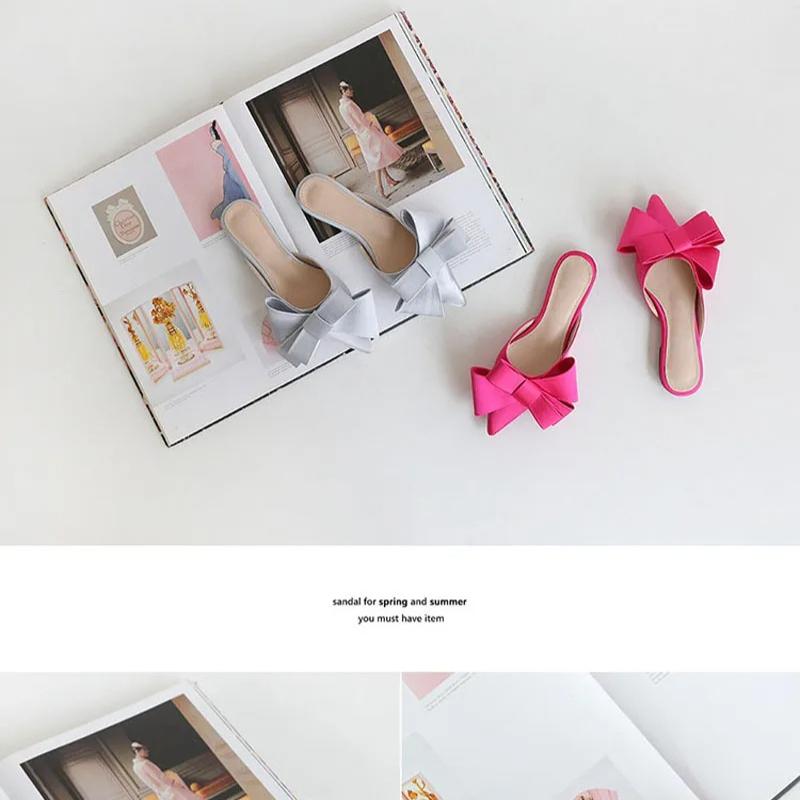 Fashion Silk Pointed Toe Flat Slippers Women's Outer Wear Summer Net Red All-match Fashion Bow Baotou Sandals and Slippers