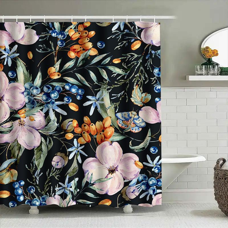 Watercolor Floral Print Shower Curtain, Luxury Home Decor Bath Mat Liner, 3D High Definition Printing Waterproof, Flower Decorat
