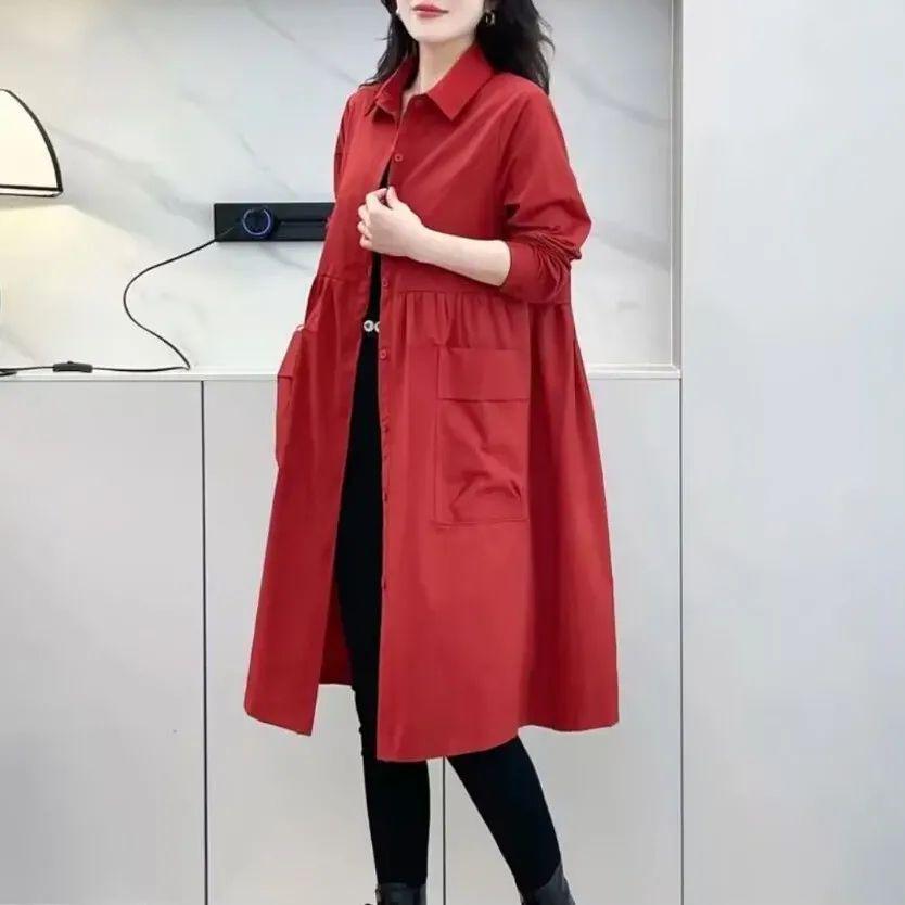 Solid Color Mid-Length Trench Coat - Spring/Autumn Korean Fashion Loose Fit Outerwear