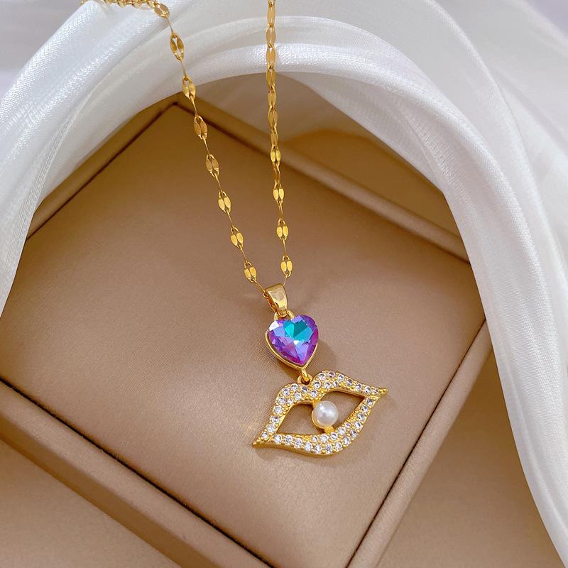 

Titanium Steel Light Luxury Temperament Real Gold Gorgeous Pearl Lip Necklace Female Versatile Collarbone Chain Titanium Steel Chain