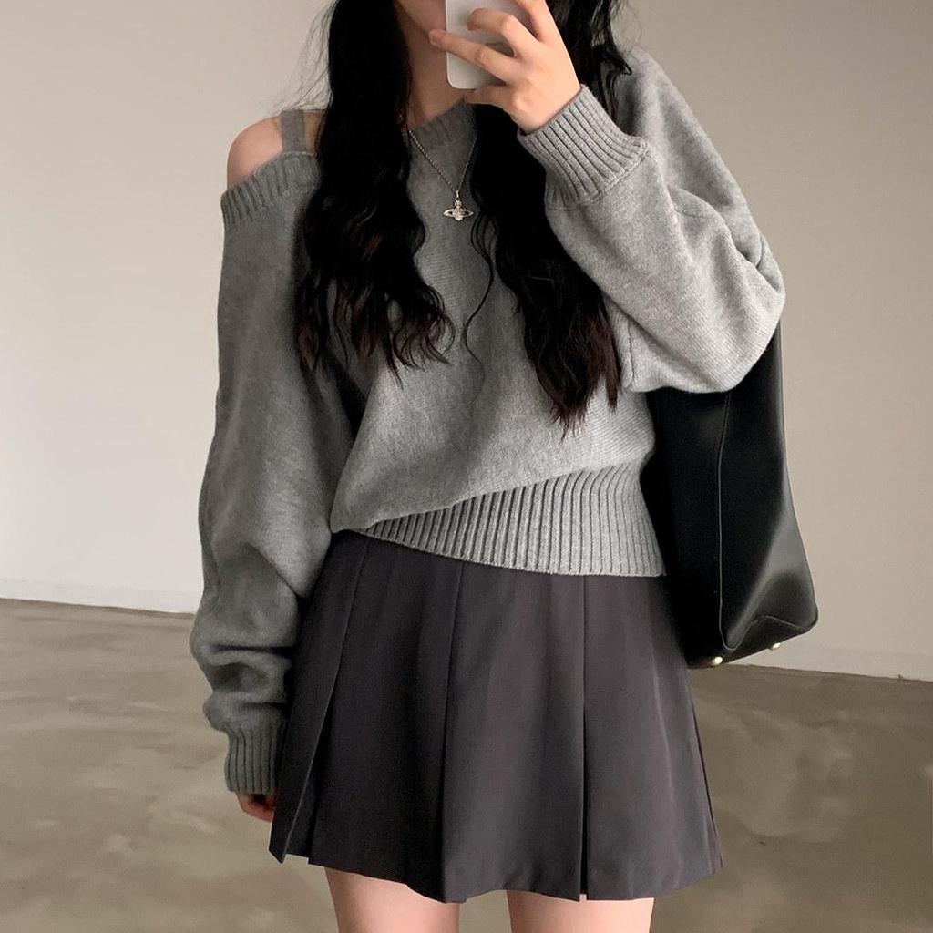 Korejský retro pletený svetr s dlouhým rukávem a odhalenými rameny pro ženy