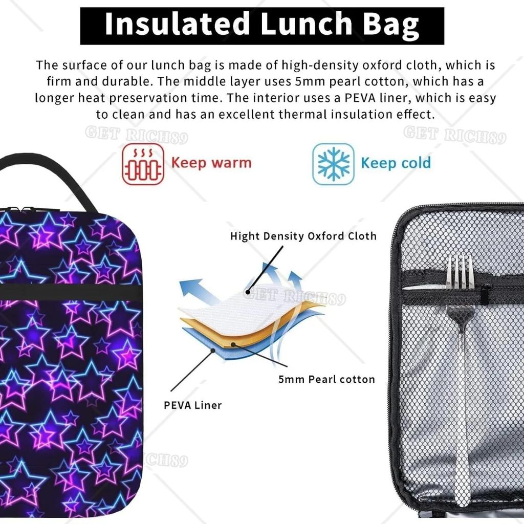 Lila und Blaue Schwebende Neonsterne Tragbare Lunchtasche Isolierte Lunchbox Wiederverwendbare Tragetaschen für Frauen Männer Arbeit Picknick Camping