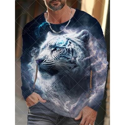 T-shirt alla moda da uomo con stampa digitale 3D di animali, t-shirt casual americana a maniche lunghe e girocollo da uomo