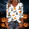 Women's Casual Halloween Print V Neck Top Three Quarter Sleeve Lightweight Blouse for Fall Seasonal Wear