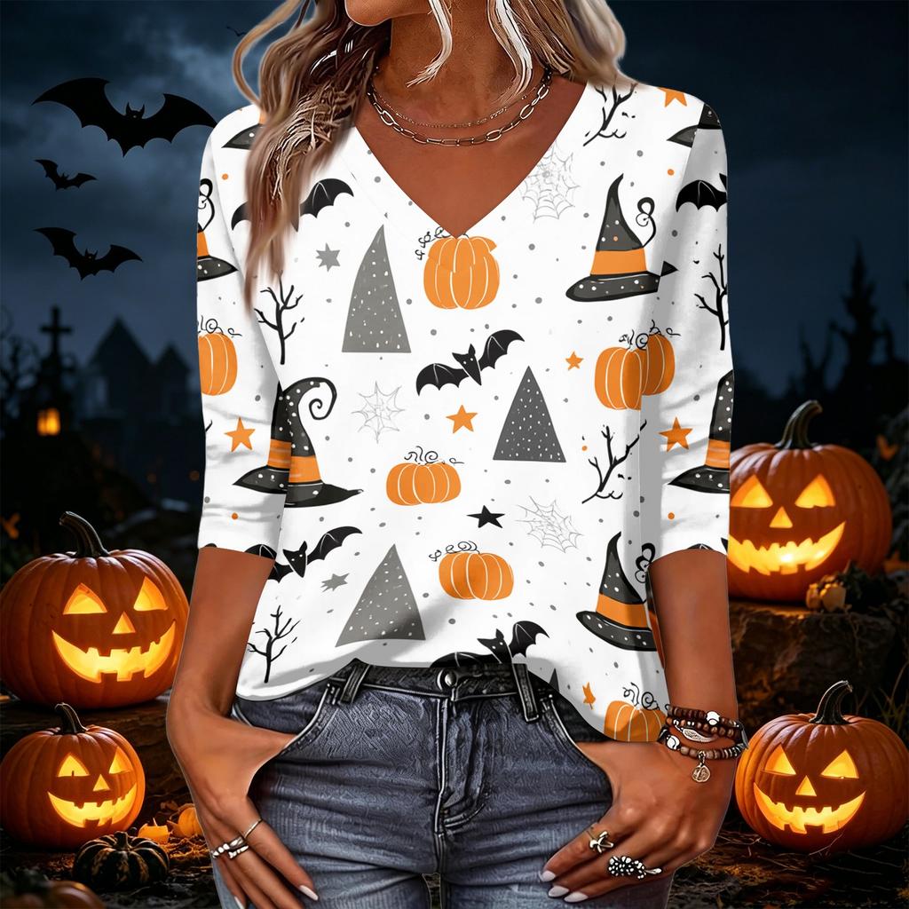 Women's Casual Halloween Print V Neck Top Three Quarter Sleeve Lightweight Blouse for Fall Seasonal Wear