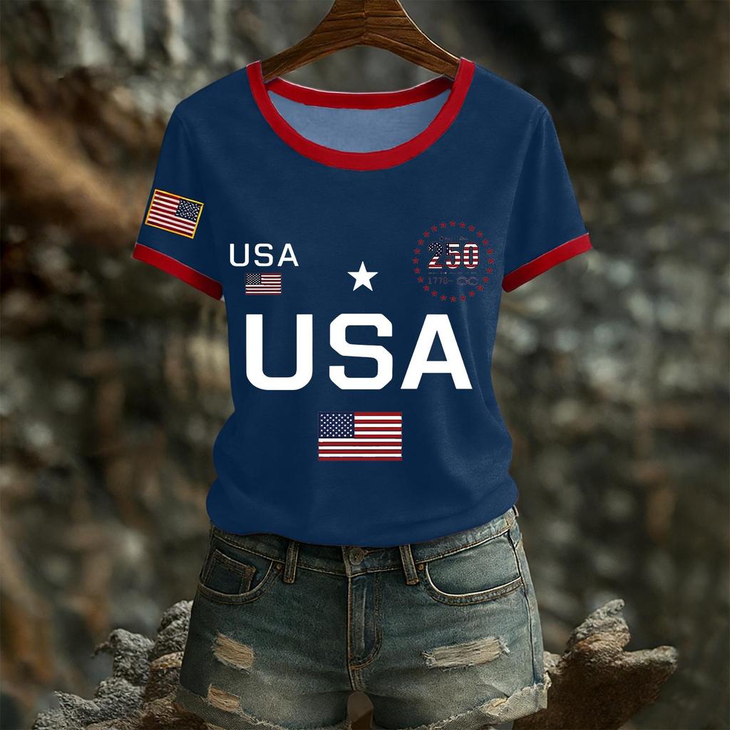 Women's Casual Round Neck Short Sleeve Pullover Printed T-Shirt Top