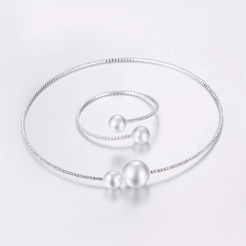 

Модный жемчужный кристальный бутик Набор из двух браслетов из сплава, короткое ожерелье на ключицу, браслет, набор украшений, юбилей, женский подарок BH серебряный