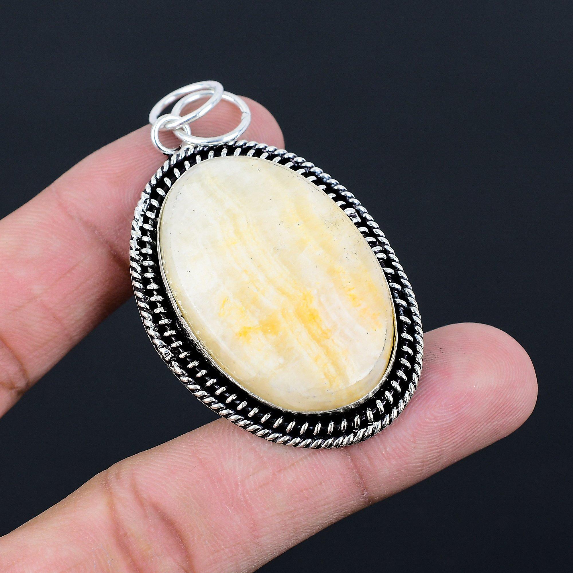 925 Sterling Silver Oval Natural Aragonite Daughter Sacral Chakra Bezel Pendant