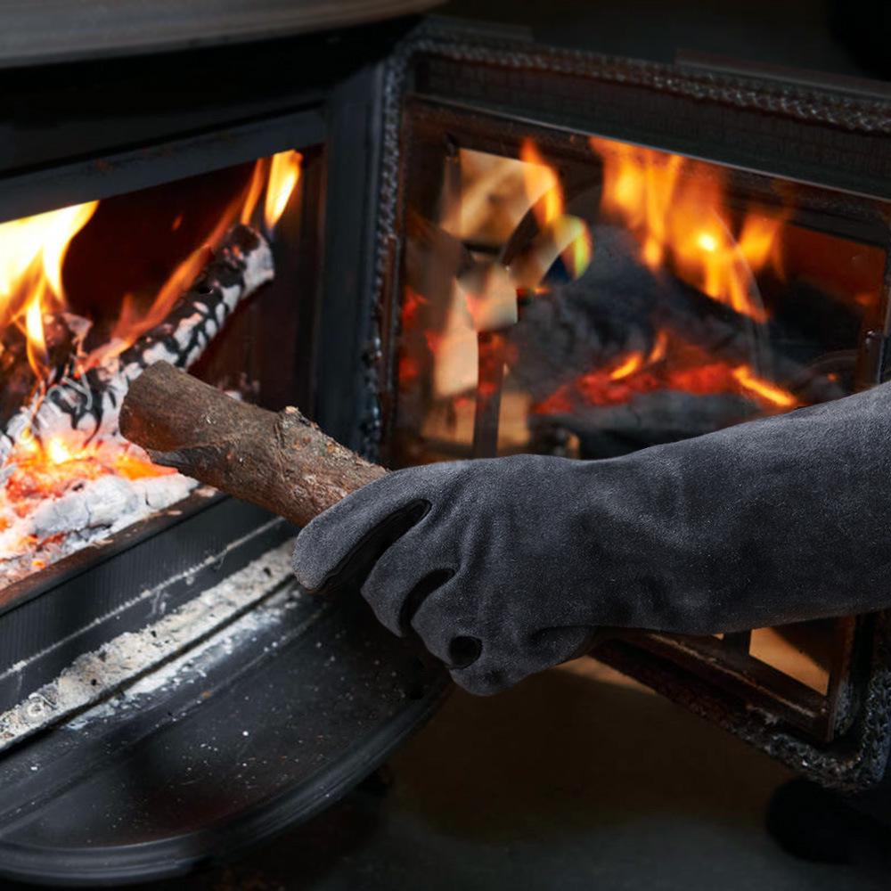 Cowhide BBQ Gloves: Heat-Resistant, Fireproof, Long-Style for Camping, Picnics, and Welding (500℃ Protection)
