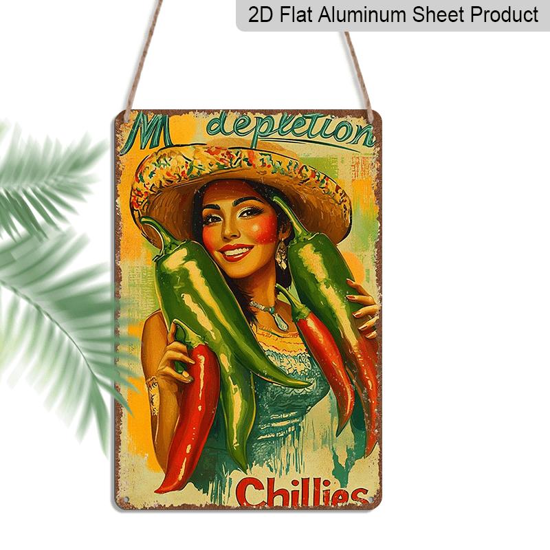 2D Flat, Victorian Era Mexican Woman & Chili Pepper Metal Sign - Vintage Wall Decor Poster Suitable for Home, Bar, Office - Durable Aluminum Retro