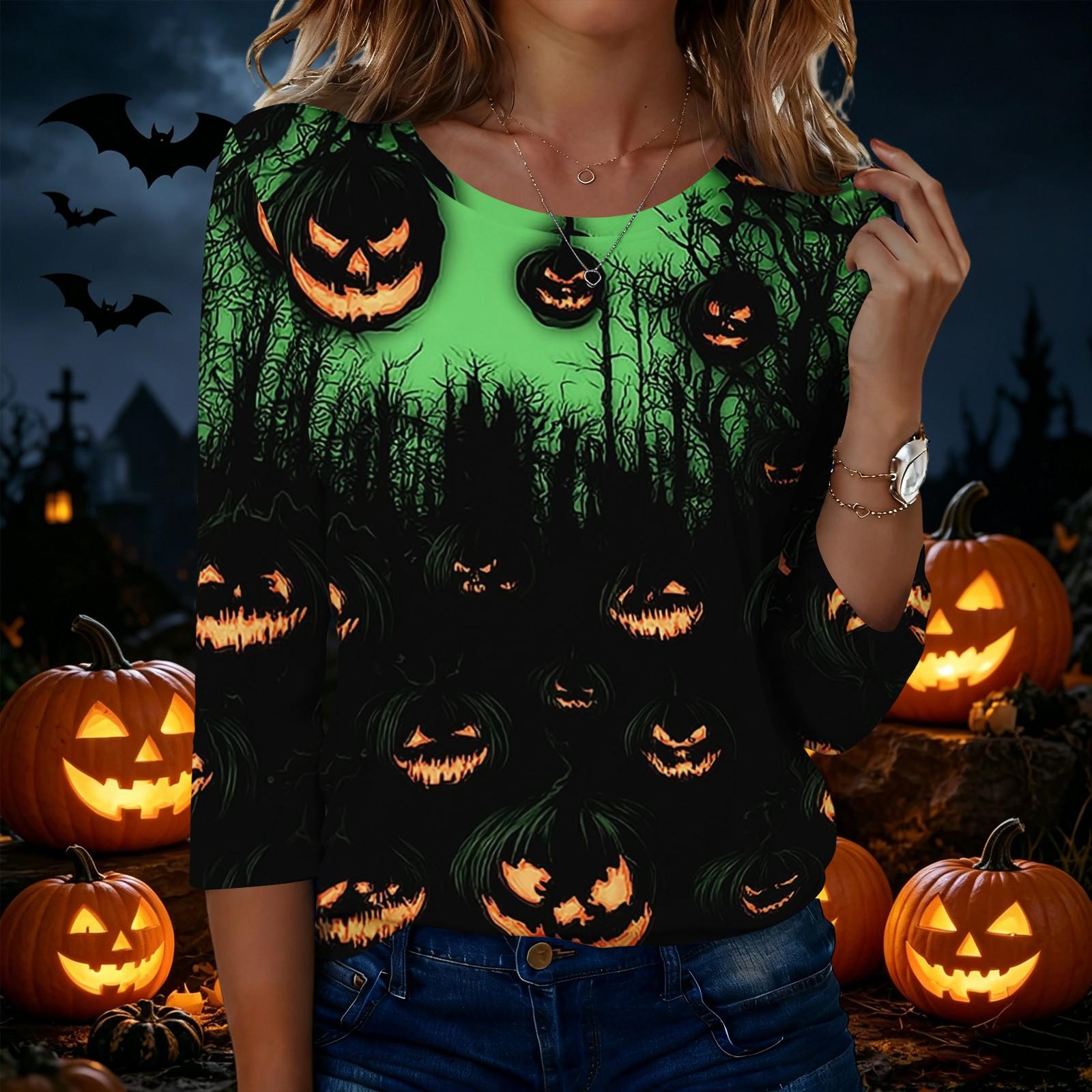 Women s Halloween Print Neck Three-Quarter Sleeve T-Shirt Casual Top M