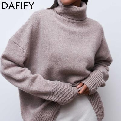 Moda feminina casual outono inverno cor sólida estampa manga comprida gola alta suéteres