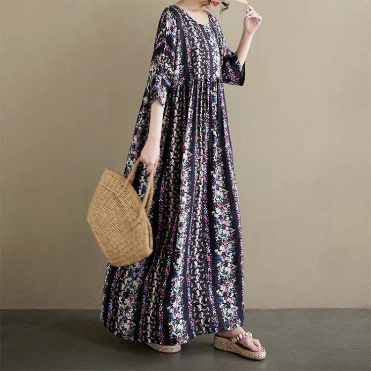 New Vintage Casual Loose Maxi Dress Plus Size Women Summer Short Sleeve Basic Dress