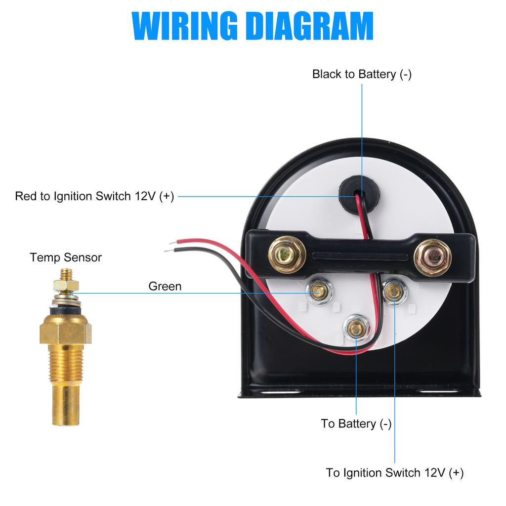 2" 52mm Wassertemperaturanzeige, 12V Kühlmitteltemperaturanzeige mit Sensor Weiße LED-Hintergrundbeleuchtung 100250 Fahrenheit