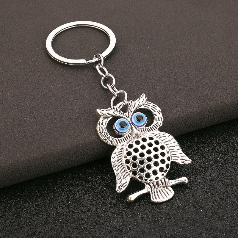 

Religious Evil Eye Keychain Pendant Car Key & Keyring Silver Color Deep Blue Owl Animal Women Bag Accessories