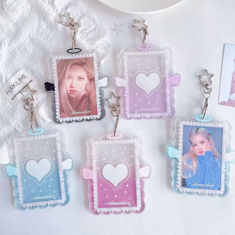 3 Inch Card Holder Colorful Angel Wings Clear Acrylic Card Sleeve with Keychain Display Kpop Photocard Holder Bag Pendant