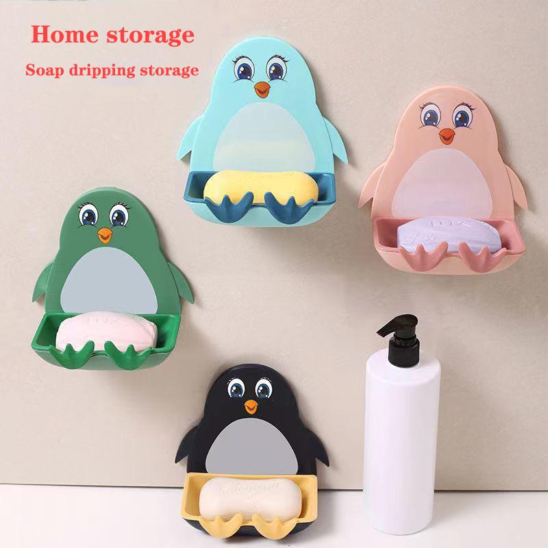 Bathroom Household Perforated Little Penguin Drain Toilet Soap Box Wall Mounted Soap Dish Toilet Suction Cup Storage Soap Box