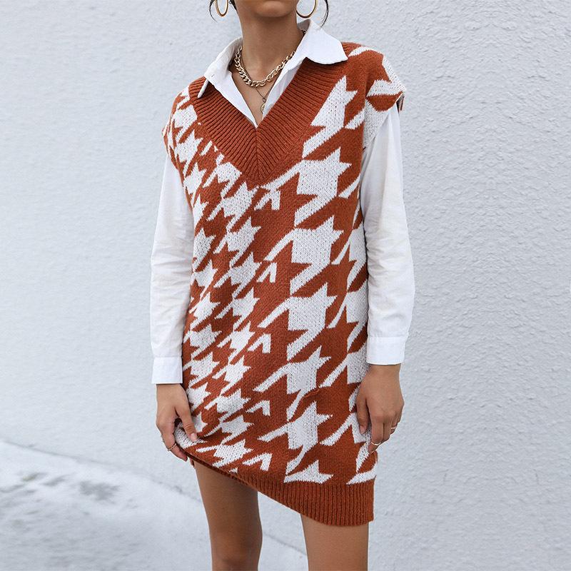 

Повседневный модный и элегантный женский свитер с длинным рукавом в клетку чиби на осень и зиму, платье-свитер, верхняя одежда L коричневый