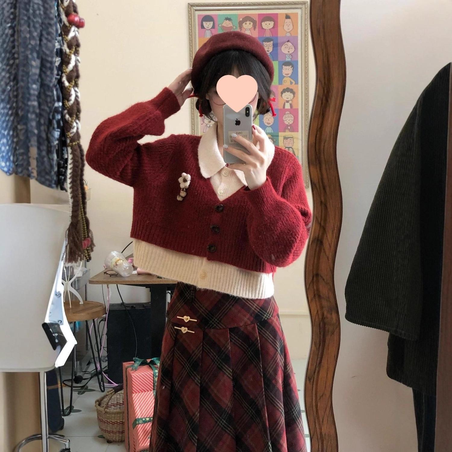 Festive Women s POLO Neck Knit Sweater & High-Waisted Plaid Skirt Set S