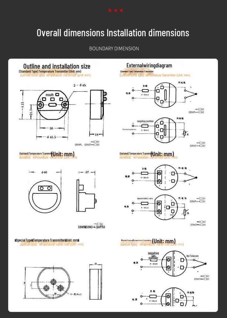 Integrated Stainless Steel Temperature Transmitter PT100, 4-20mA Sensor, Model SBWZ-2480/240.
