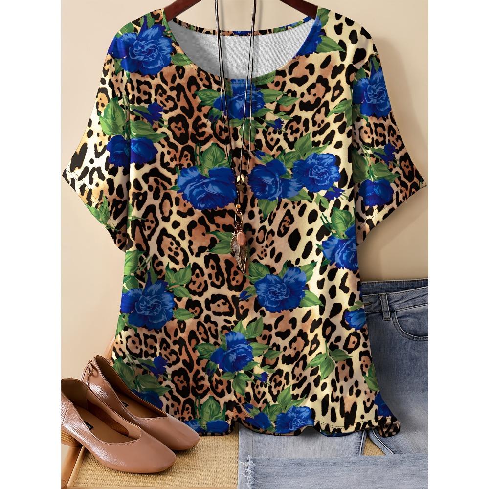 Summer Women Pattern Splicing Flower 3D Printed Short Sleeved T-shirt Fashionable Comfortable Soft Breathable Large Loose Retro Style T-shirt