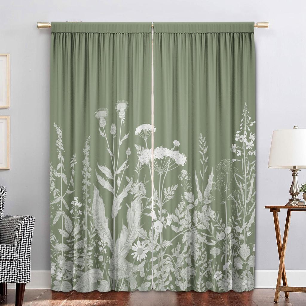 2PC Home Decoration Curtains, Green Oil Painting Landscape With Pole Pocket Curtains, Kitchen, Coffee Shop, Living Room, Balcony