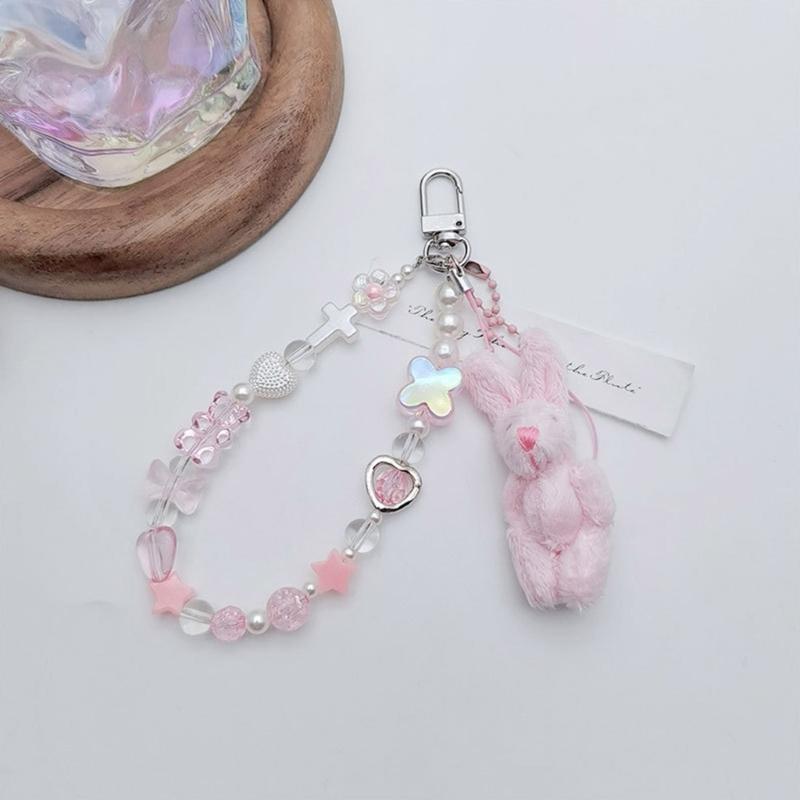 Handmade Phone Chain Rabbit Phone Strap Lovely Phone Jewelry Durable Keychain Acrylic Alloy Material for Phone Keys Bags