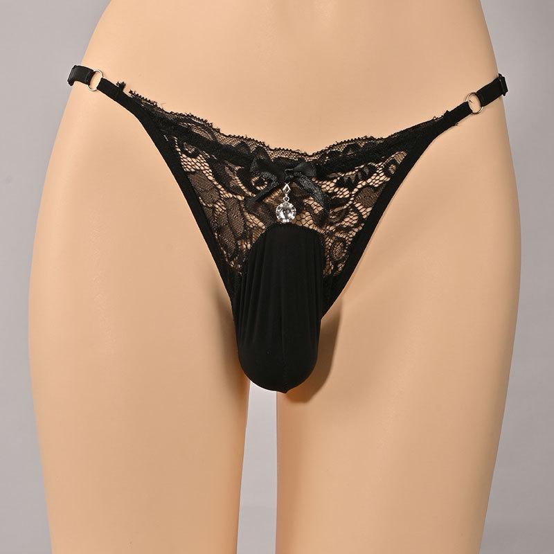 Men's Low-Rise Lace Adjustable Micro Thong with Shiny Silky Teardrop Decoration