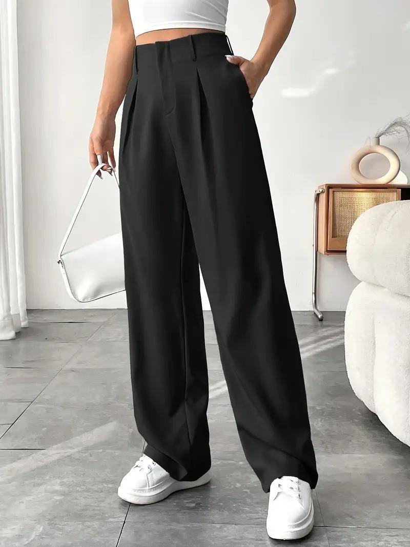 

European & American Women s High-Waist Straight-Leg Business Casual Pants - Solid Color Draped Style (2026) S чорний