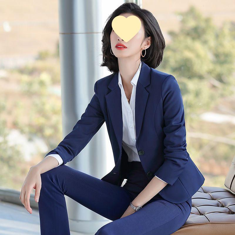 Korean Style Women's Blue Office Suit - Professional Spring/Autumn Wear